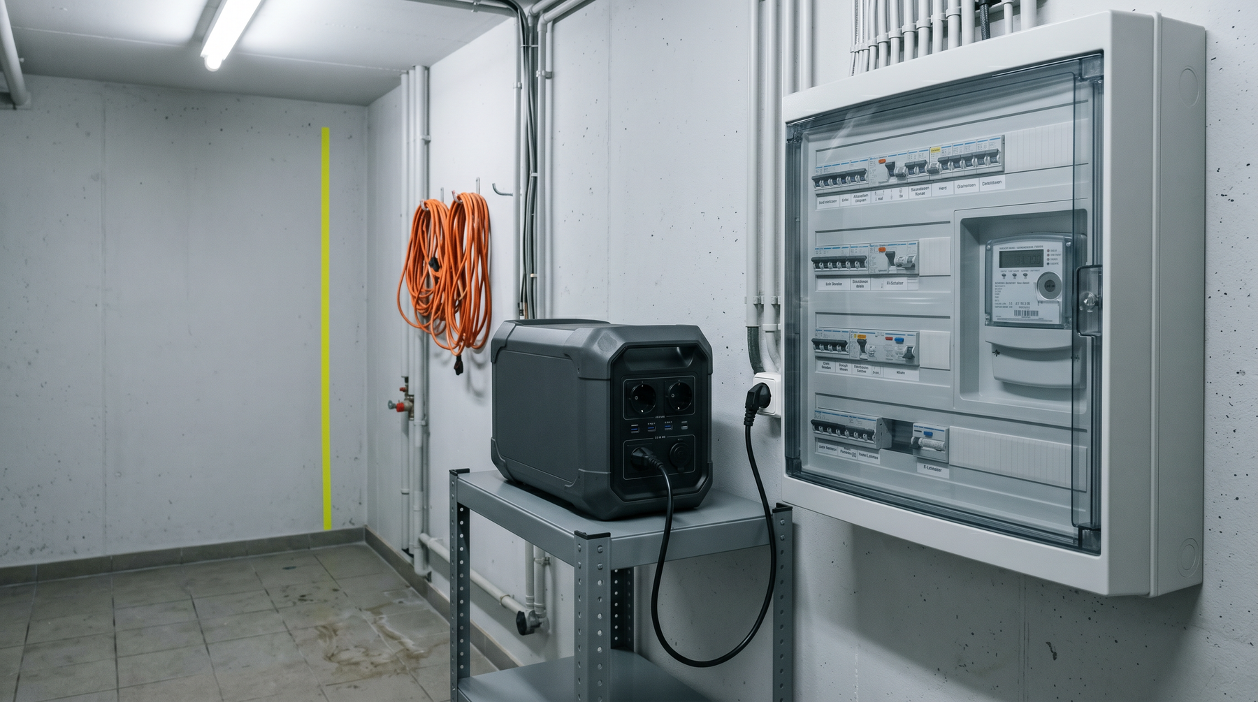 Stromspeicher DHS-06 im Hausanschlussraum neben dem Sicherungskasten, kühles Werkstattlicht