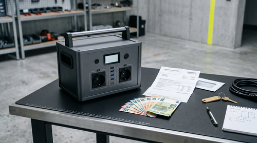 Stromreserve auf der Werkbank, Banknoten und Werkstattutensilien, dokumentarisch